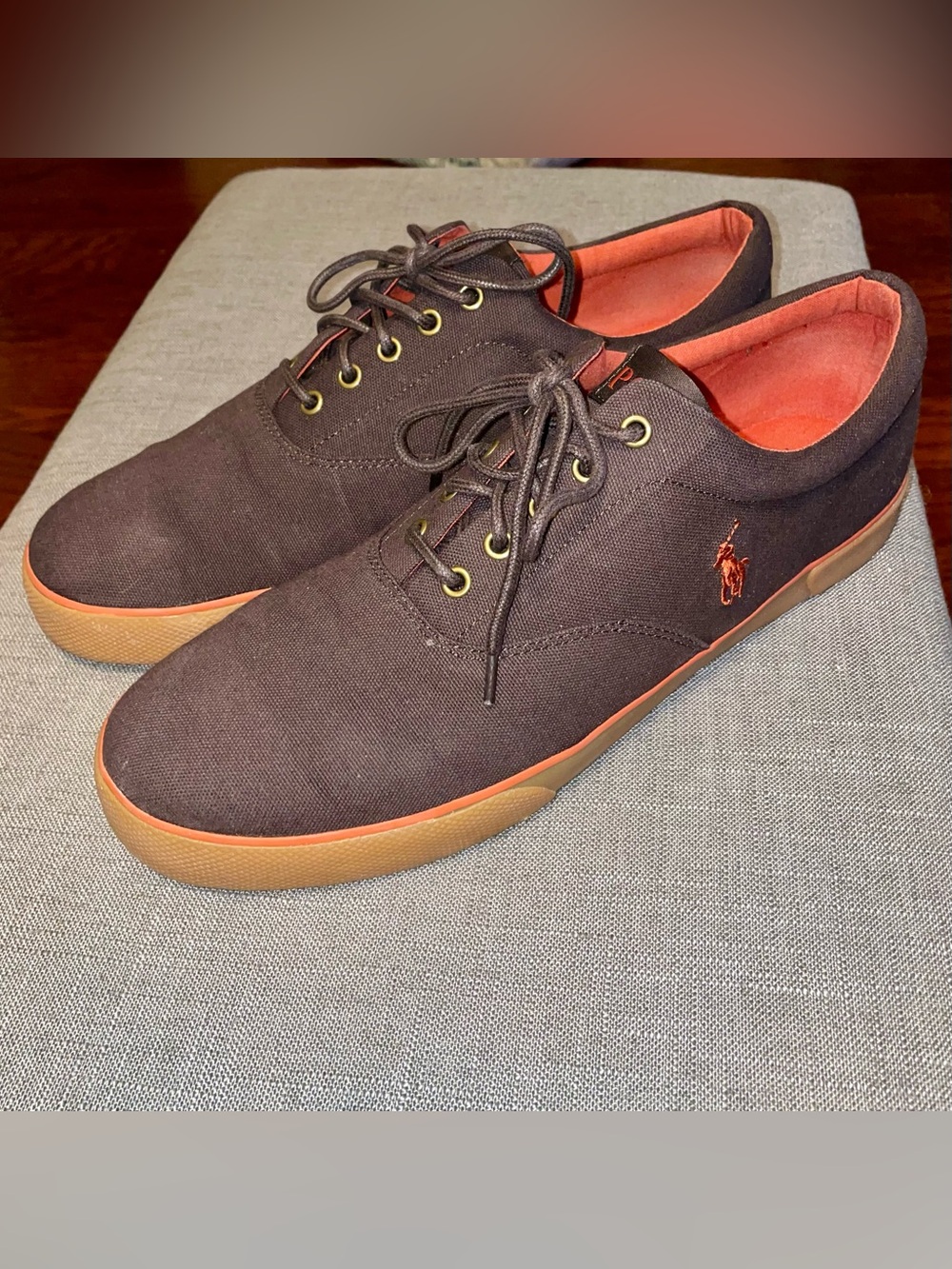 Men’s Polo Sport by Ralph Lauren Brown Canvas Low-Top Sneakers with Orange Trim